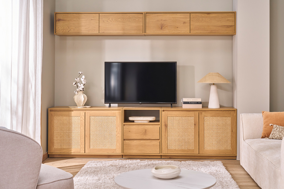 Meuble TV suspendu finition bois clair ch�ne L140 cm FLEXO