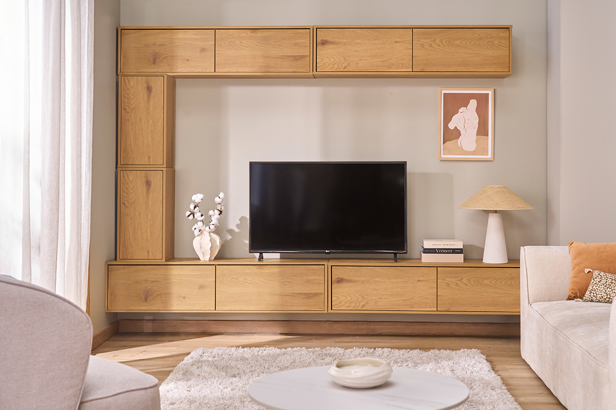 Meuble TV suspendu finition bois clair ch�ne L140 cm FLEXO