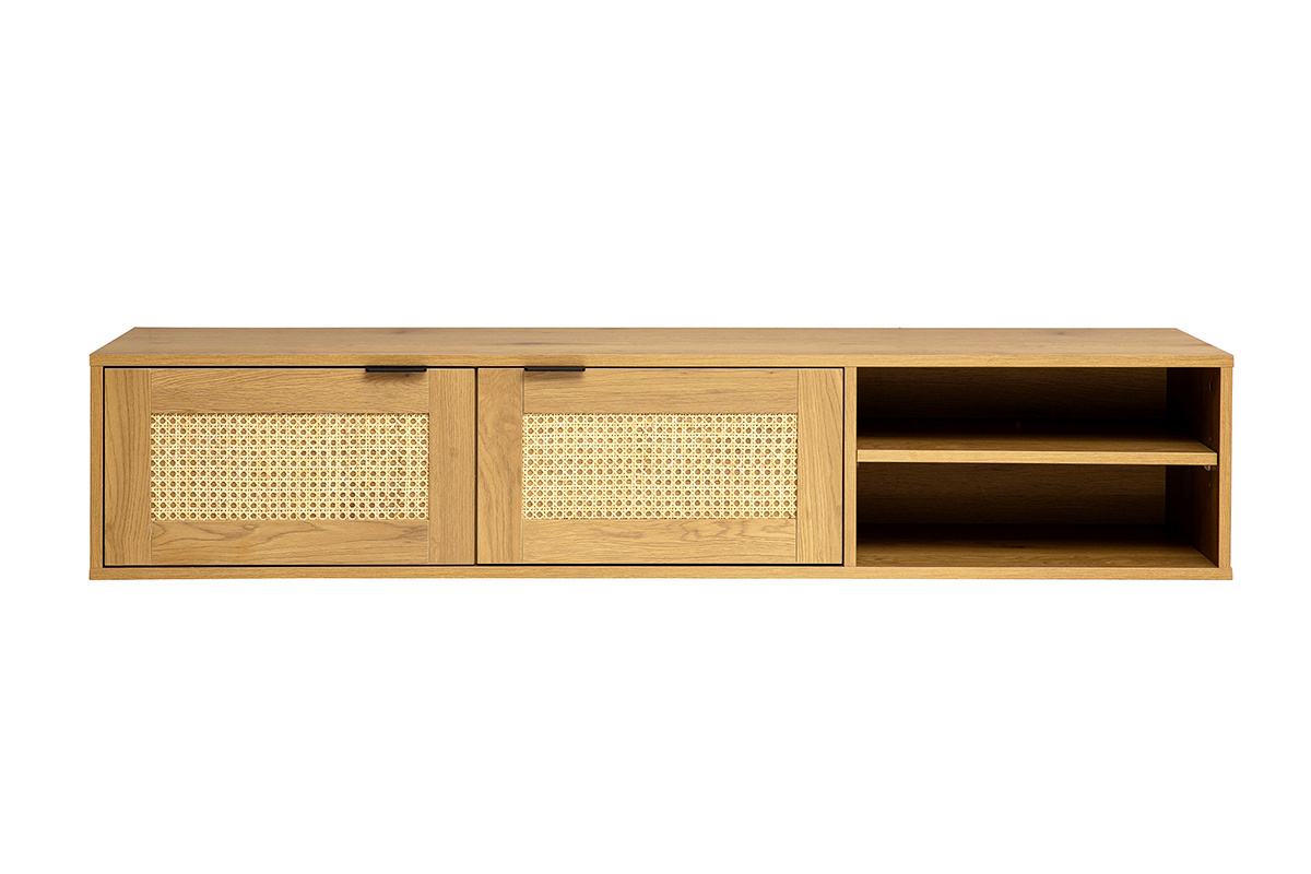 Meuble TV suspendu finition bois clair et cannage rotin 2 portes L150 cm MANILLE