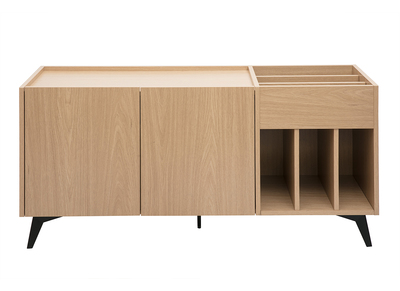 Meuble vinyle en bois clair finiton ch&ecirc;ne et m&eacute;tal noir L140 cm SEDA