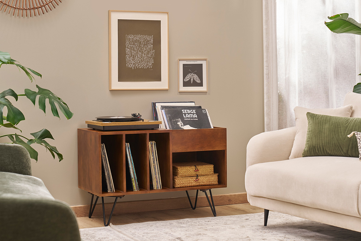 Meuble vinyle en bois manguier massif et m�tal L90 cm BOOGIE