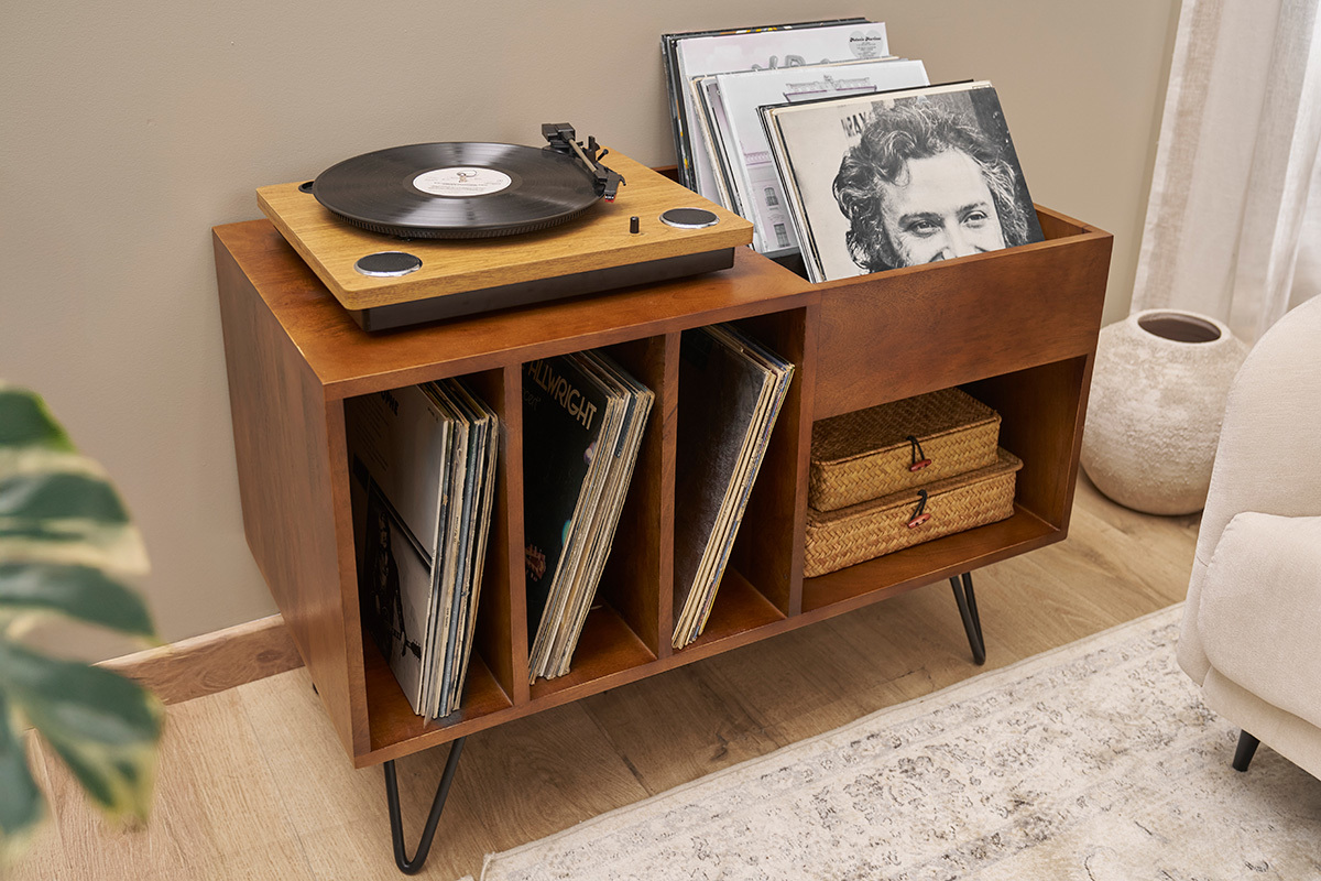 Meuble vinyle en bois manguier massif teint� et m�tal L90 cm BOOGIE