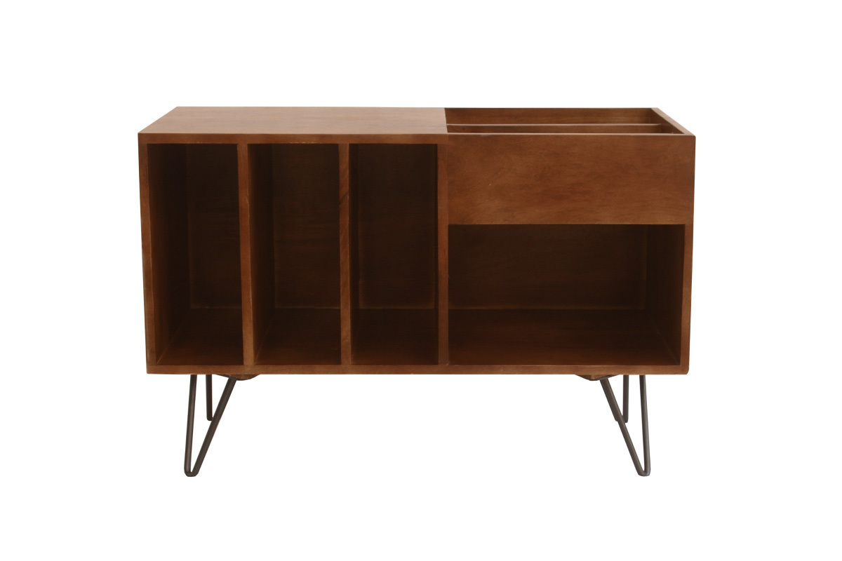 Meuble vinyle en bois manguier massif teint� et m�tal L90 cm BOOGIE