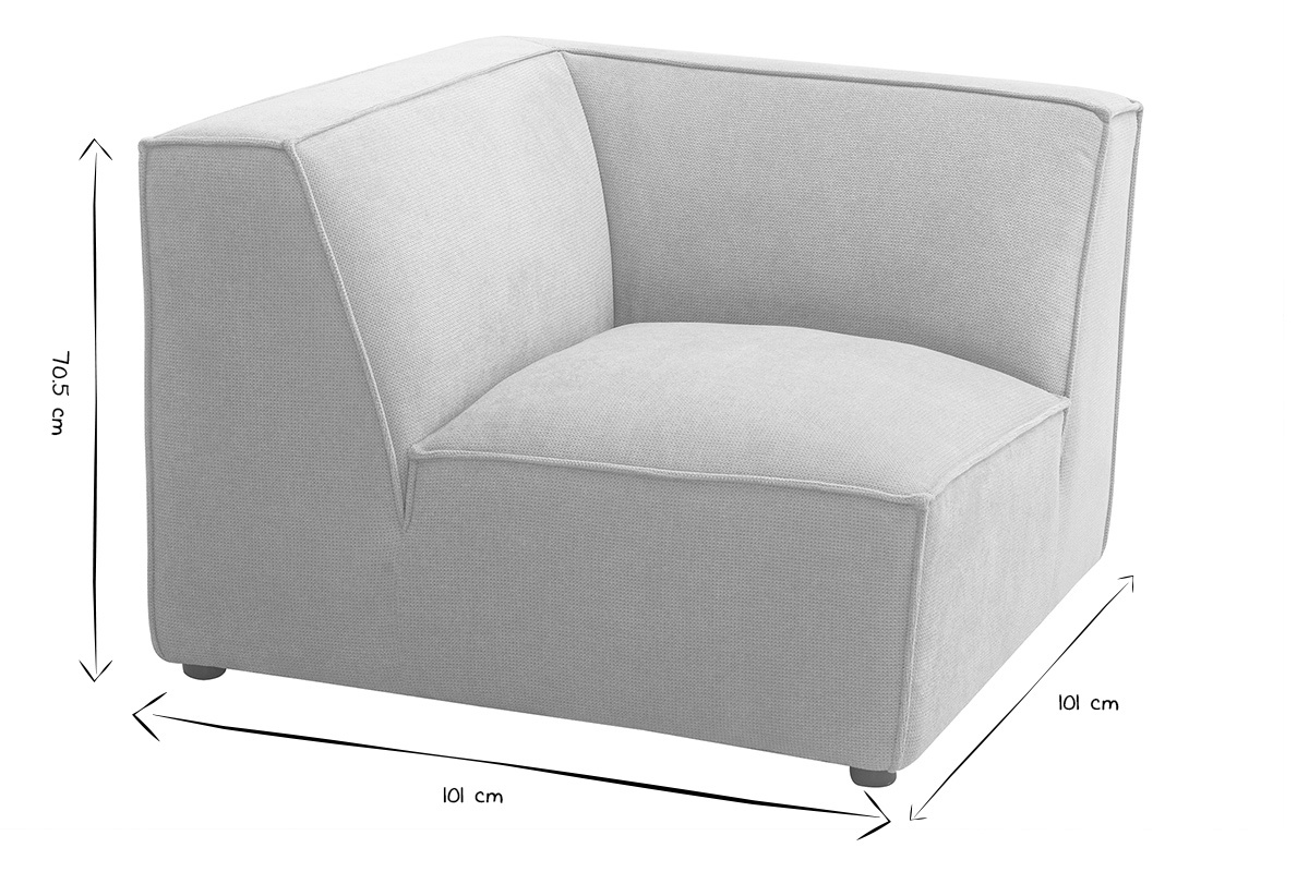 Module d'angle central en tissu, dimensions 101x101x70,5 cm en noir et blanc.