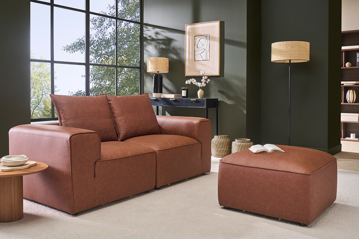 Pouf repose pieds en cuir marron FERGUS