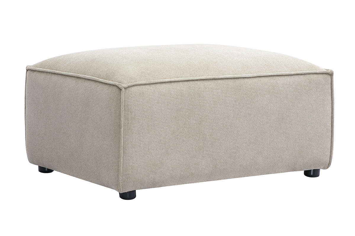 Pouf rectangulaire en tissu chenille beige, vue de 3/4.