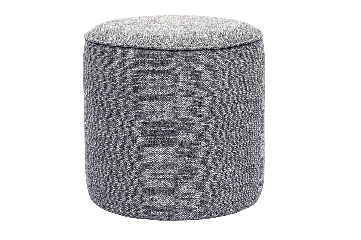 Pouf rond en tissu gris clair, vue de face.