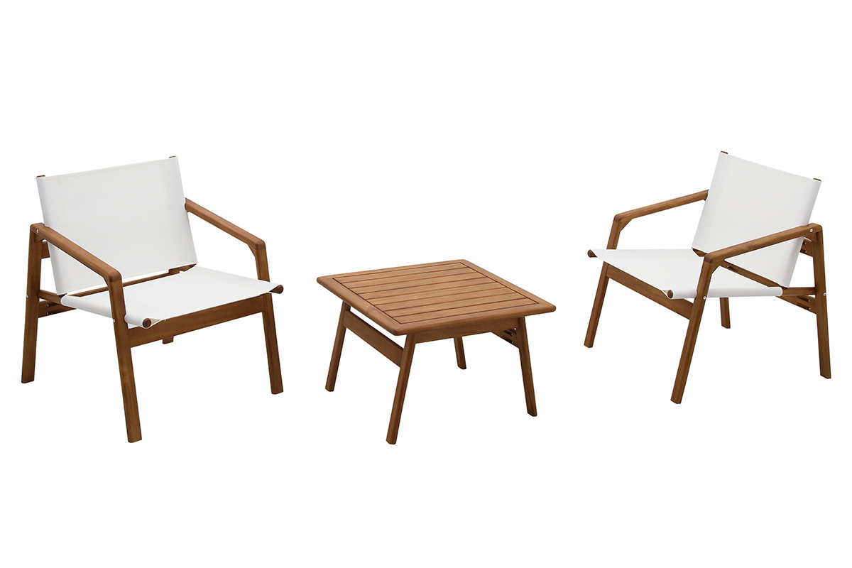 Salon de jardin PADANG avec deux fauteuils blancs et une table basse en bois massif, vue de face.