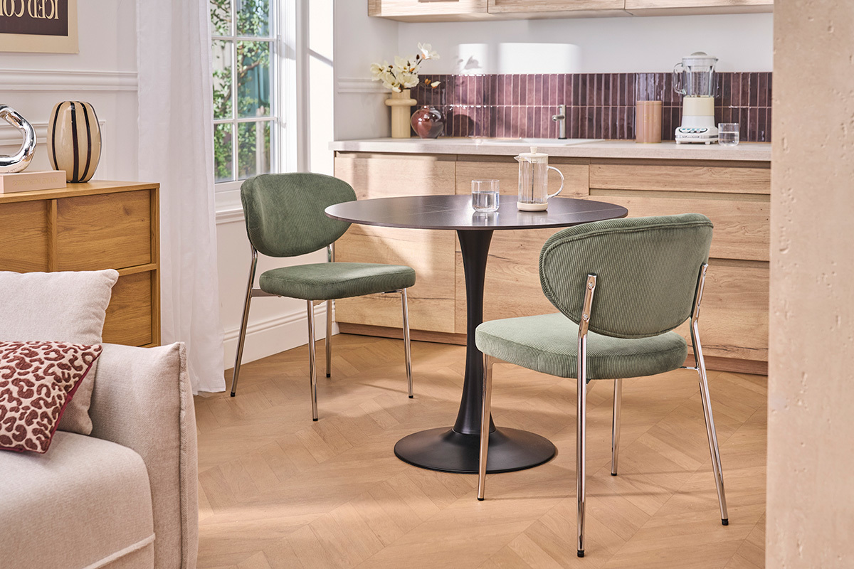 Table � manger design ronde en c�ramique noire et m�tal D90 cm MALOU