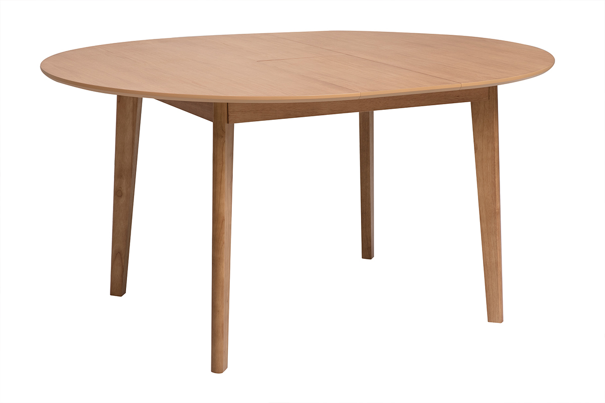 Table � manger ronde extensible en bois clair ch�ne, vue de 3/4.
