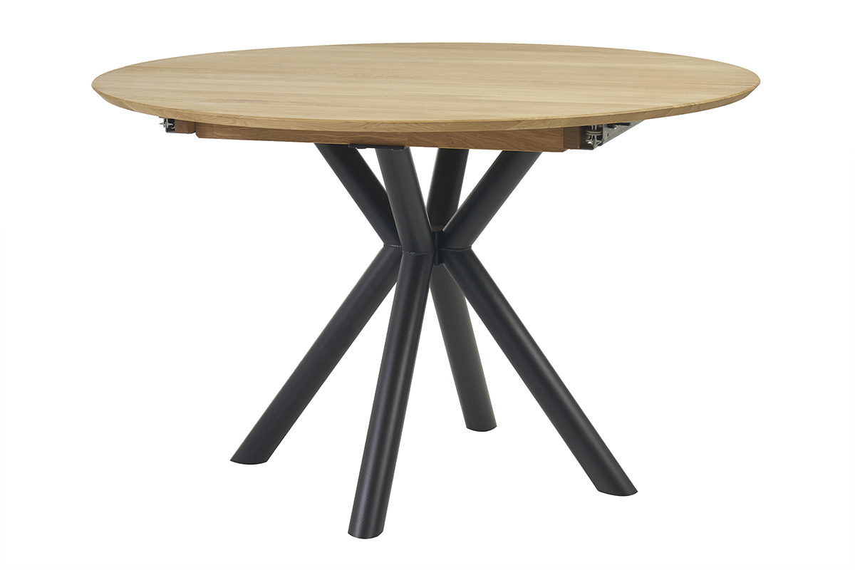 Table � manger ronde extensible en bois clair ch�ne massif et m�tal L120-170 cm OLGA