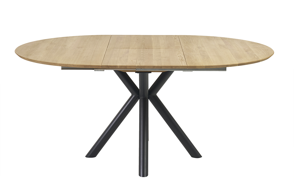 Table � manger ronde extensible en bois clair ch�ne massif et m�tal L120-170 cm OLGA