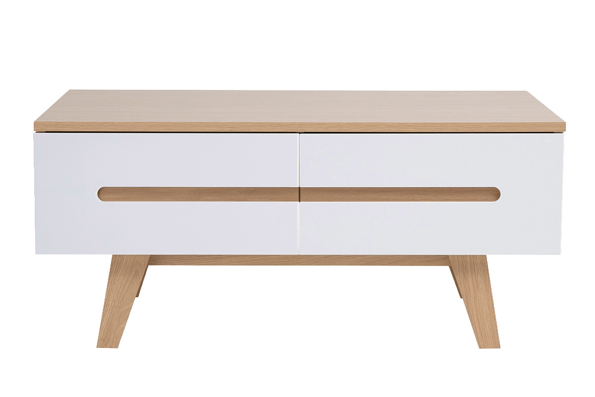 Table basse blanche laqu�e brillante et finition bois clair 4 tiroirs L100 cm MELKA