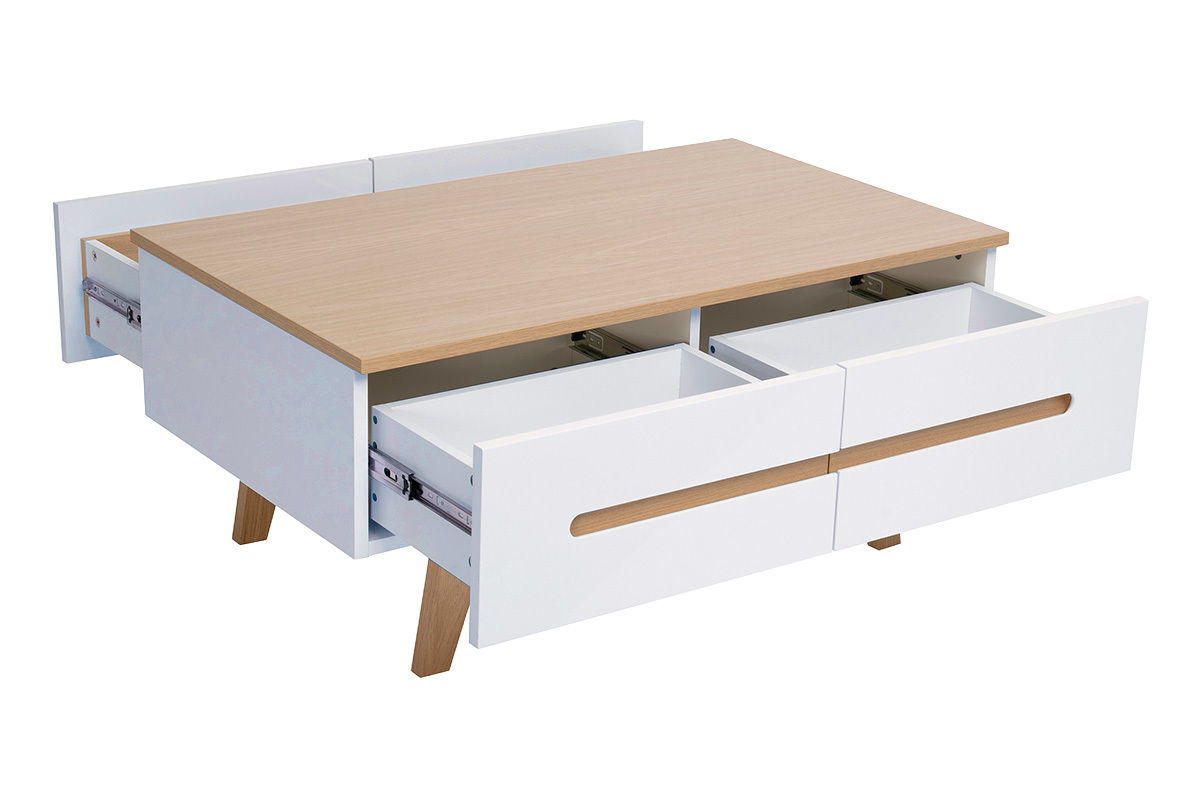 Table basse blanche laqu�e brillante et finition bois clair 4 tiroirs L100 cm MELKA