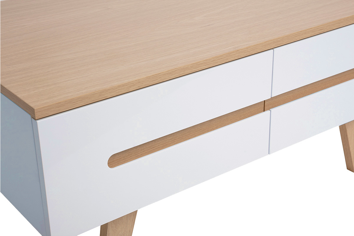 Table basse blanche laqu�e brillante et finition bois clair 4 tiroirs L100 cm MELKA