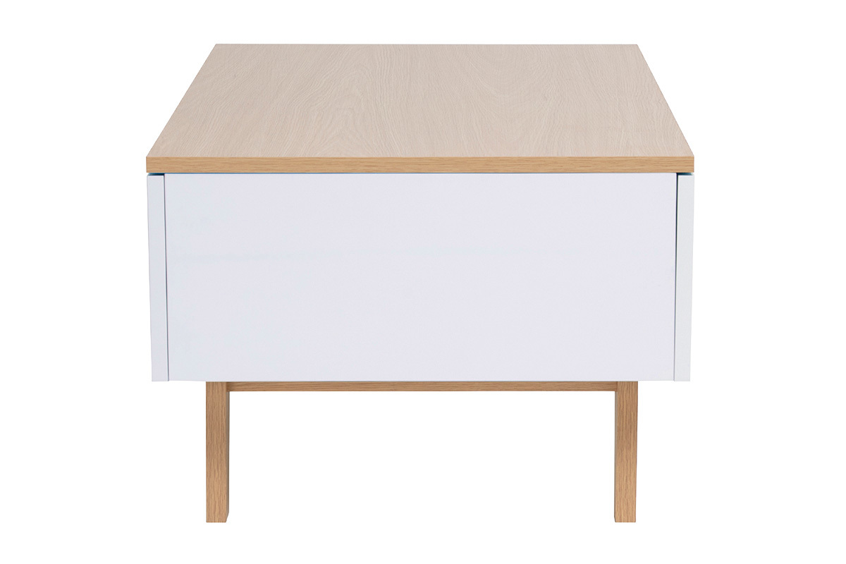 Table basse blanche laqu�e brillante et finition bois clair 4 tiroirs L100 cm MELKA