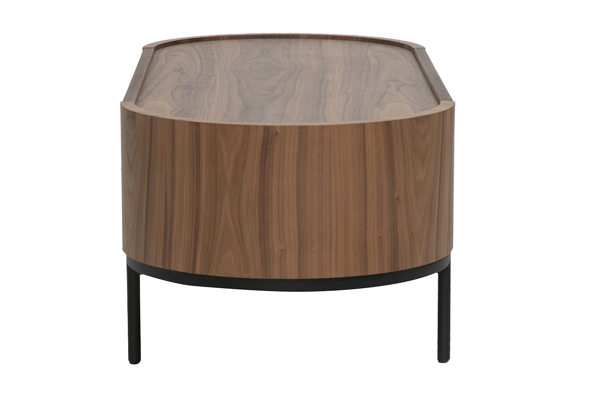 Table basse ovale en bois noyer fonc� avec pieds en m�tal noir, vue de profil