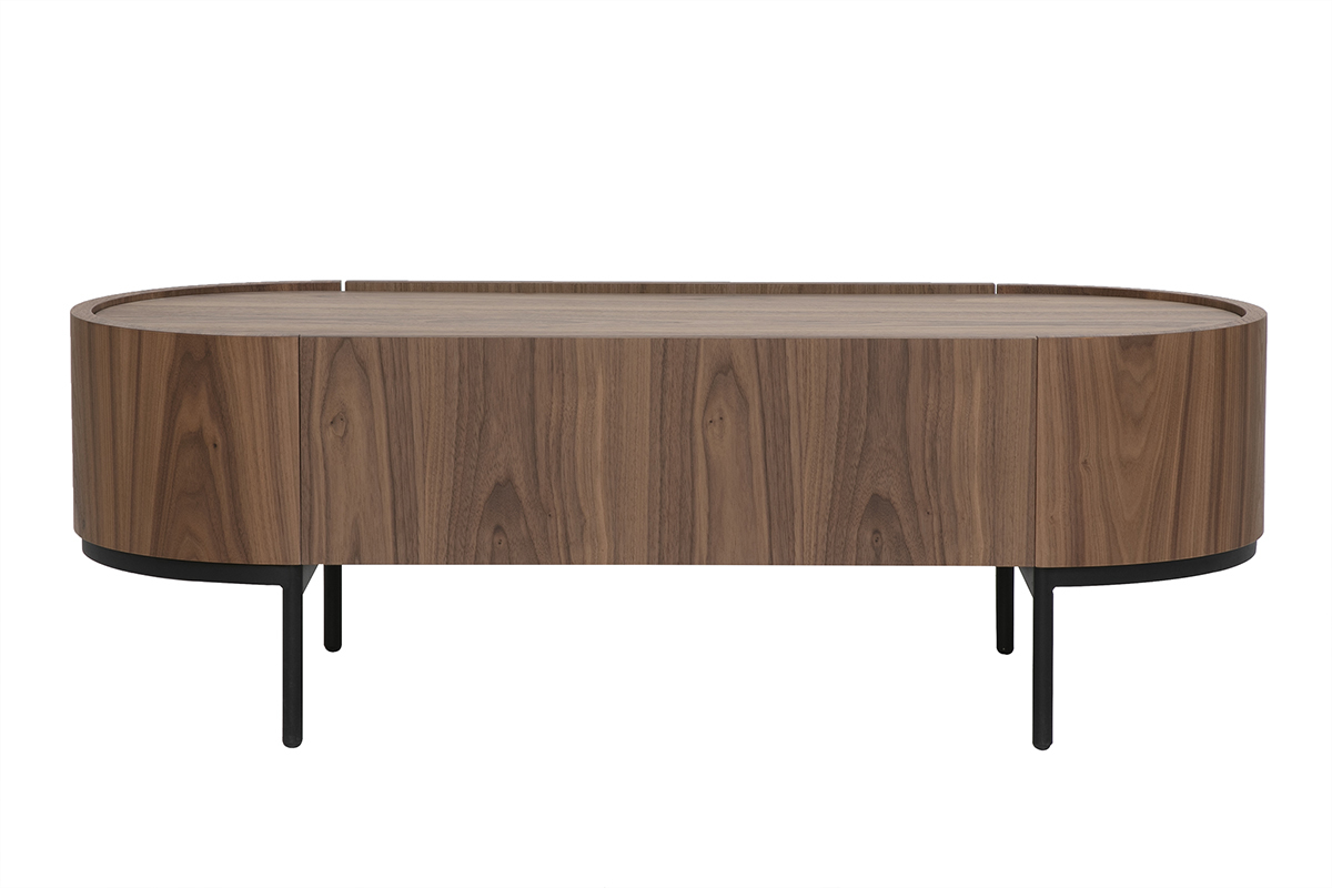 Table basse design en bois fonc� noyer et m�tal noir, vue de dos avec tiroir int�gr�.