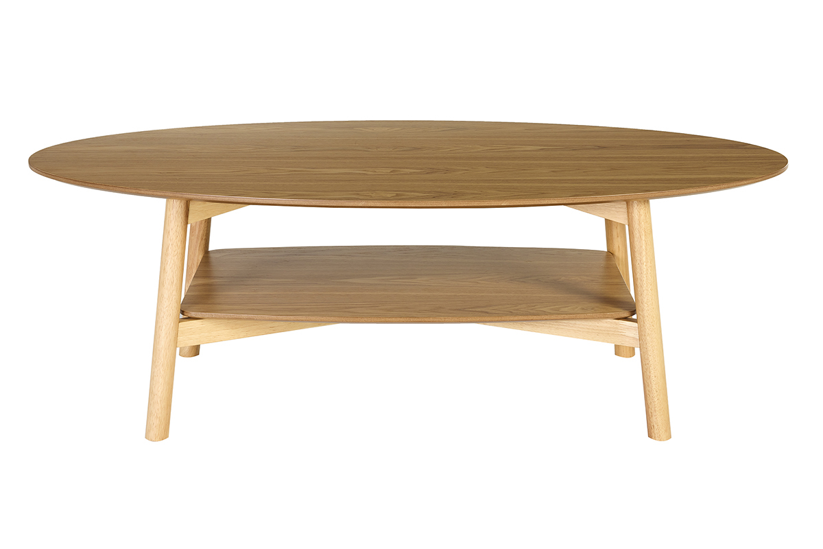 Table basse ovale en bois clair avec double plateau, vue de face.