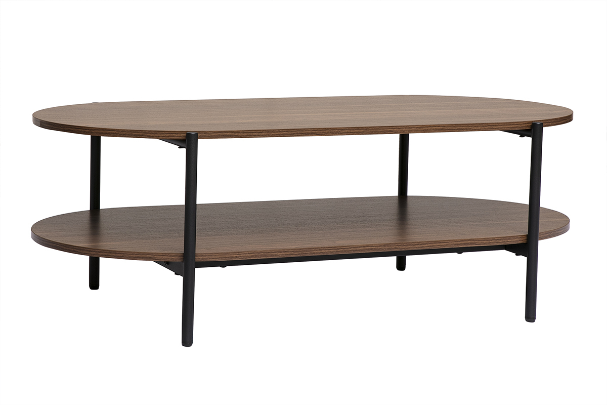 Table basse ovale en bois fonc� et m�tal noir � deux plateaux, vue de 3/4.
