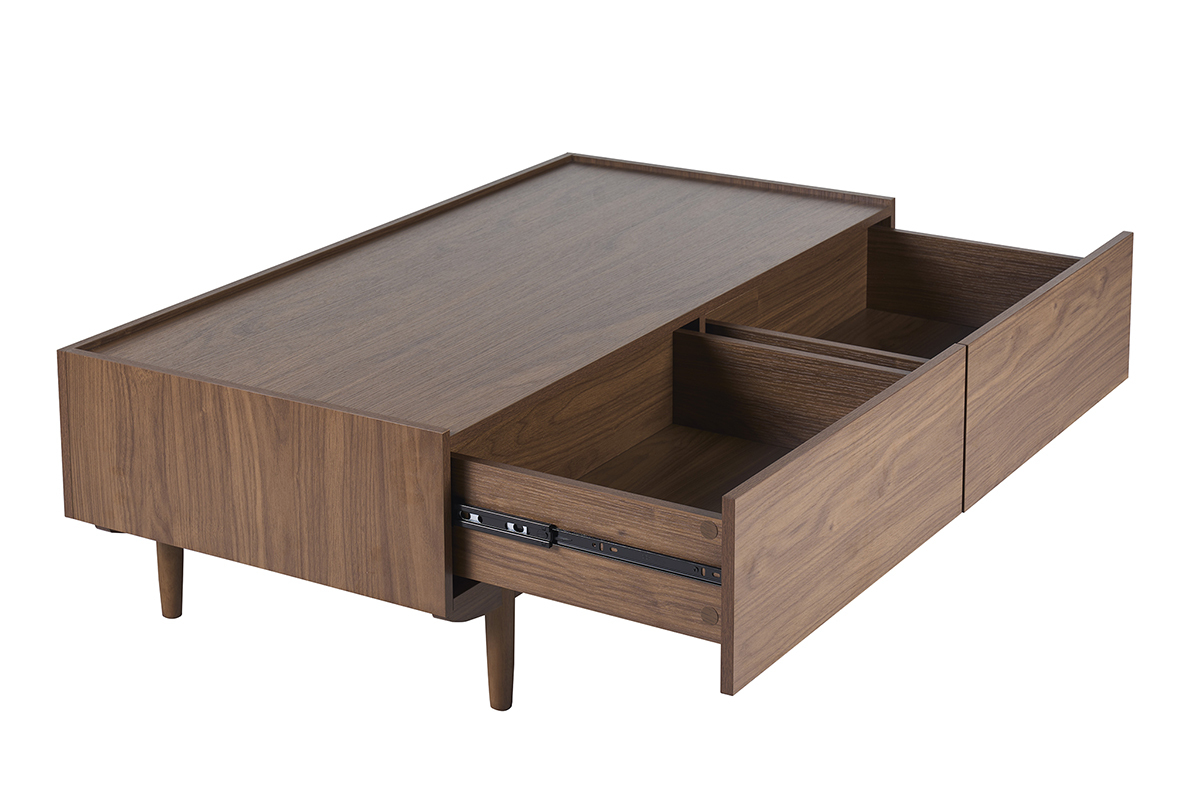 Table basse rectangulaire avec deux tiroirs en bois fonc�, tiroirs ouverts, vue en angle.
