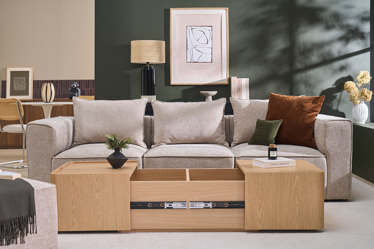 Table basse rectangulaire en bois clair ch�ne avec rangement L100 cm BELLY