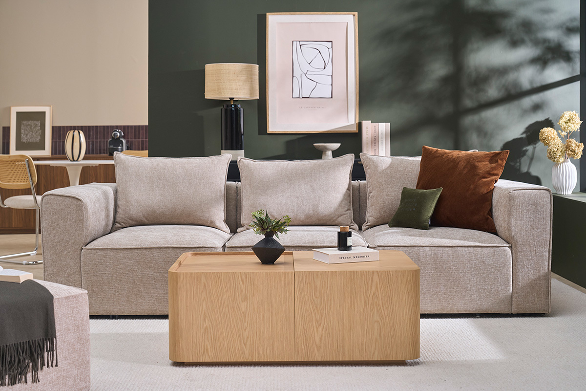 Table basse rectangulaire en bois clair ch�ne avec rangement L100 cm BELLY