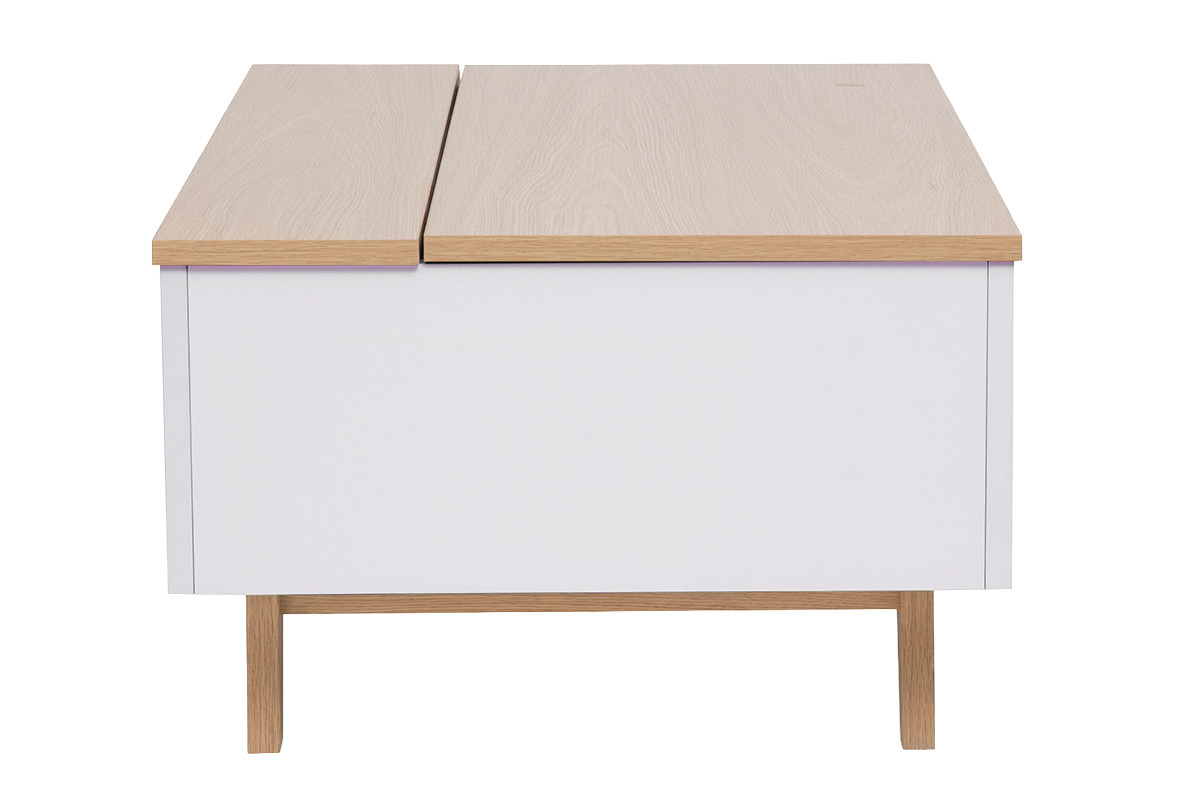 Table basse relevable blanche laqu�e brillante et finition bois clair L100 cm MELKA