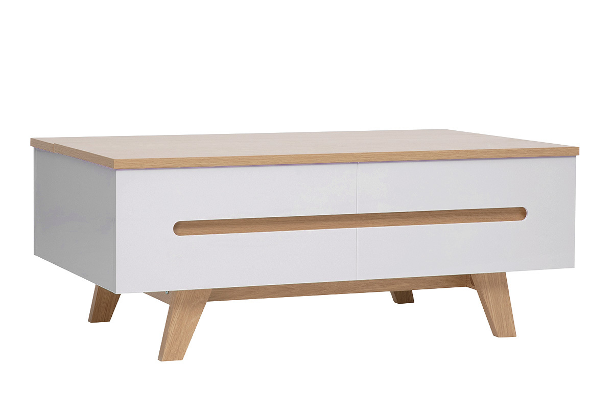 Table basse relevable blanche laqu�e brillante et finition bois clair L100 cm MELKA
