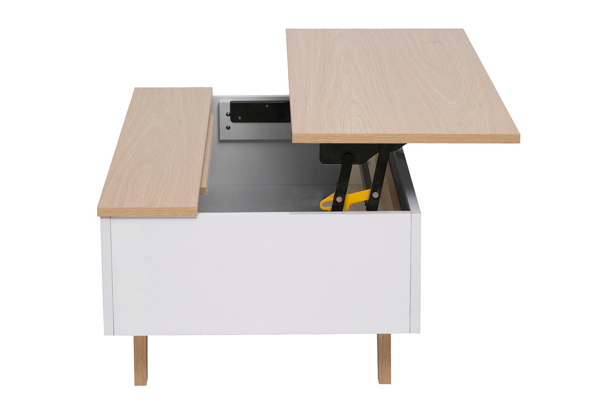 Table basse relevable blanche laqu�e brillante et finition bois clair L100 cm MELKA