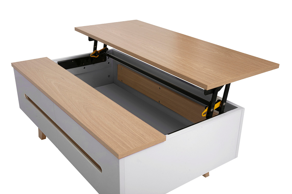 Table basse relevable blanche laqu�e brillante et finition bois clair L100 cm MELKA