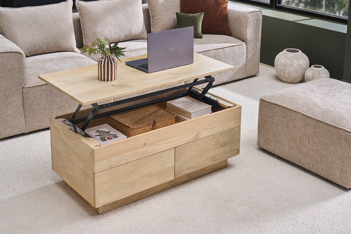 Table basse relevable rectangulaire bois clair manguier massif L102 cm NEXO