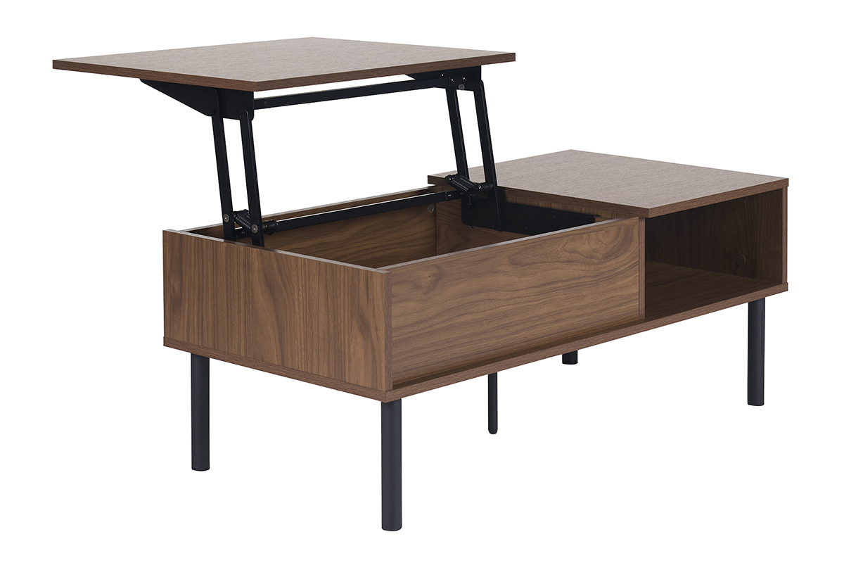 Table basse relevable en bois fonc� et m�tal noir avec plateau ouvert, vue de 3/4.
