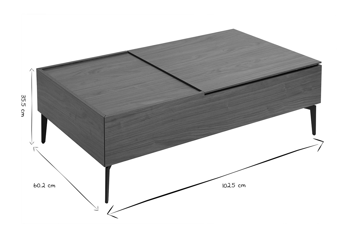 Table basse relevable noir et blanc avec dimensions L102.5 P60.2 H35.5 cm, vue de profil.
