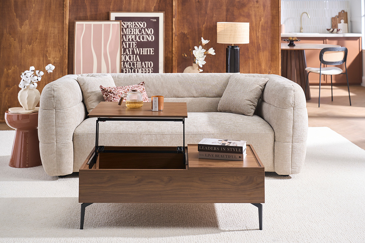 Table basse relevable rectangulaire bois fonc� finition noyer et m�tal noir L103 cm SEDA