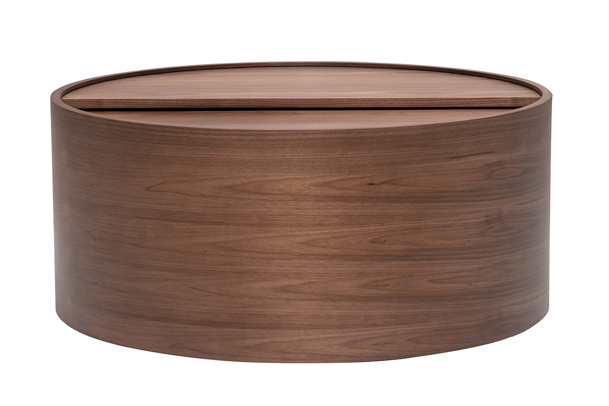 Table basse ronde en noyer avec plateau pivotant, vue de face.