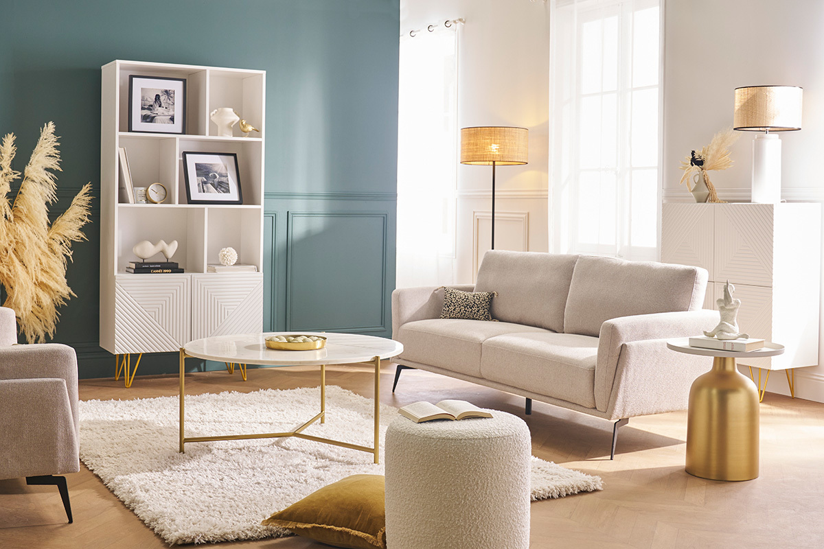 Table basse ronde design en marbre blanc et laiton D90 cm SILLON