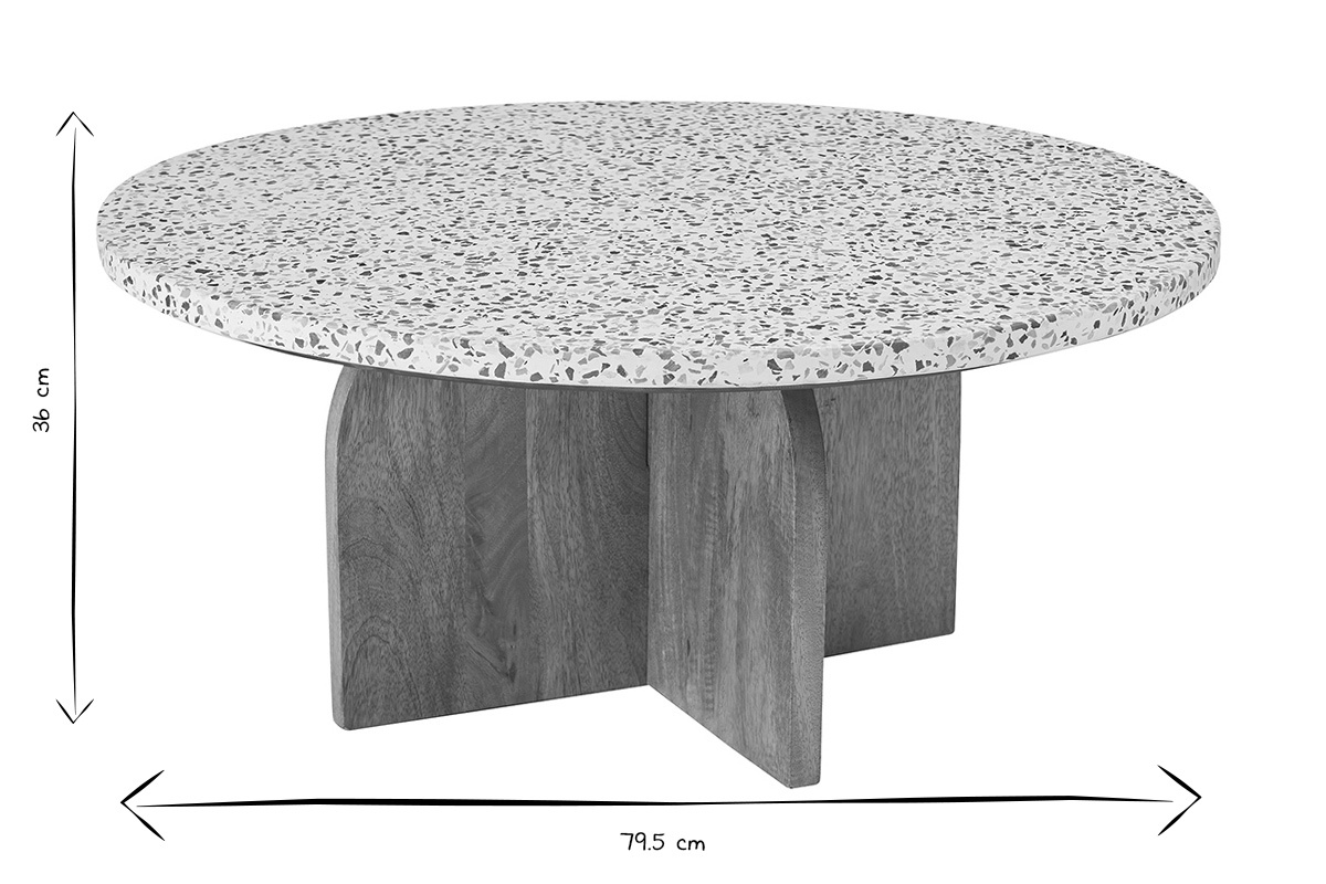 Table basse ronde en terrazzo et bois, dimensions: diam�tre 79,5 cm, hauteur 36 cm, en noir et blanc.