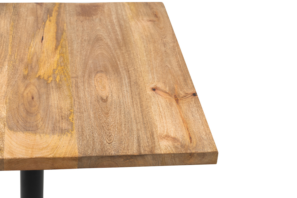 Plateau de table bistrot carr�e en manguier massif, angle sup�rieur, pi�tement en m�tal noir.