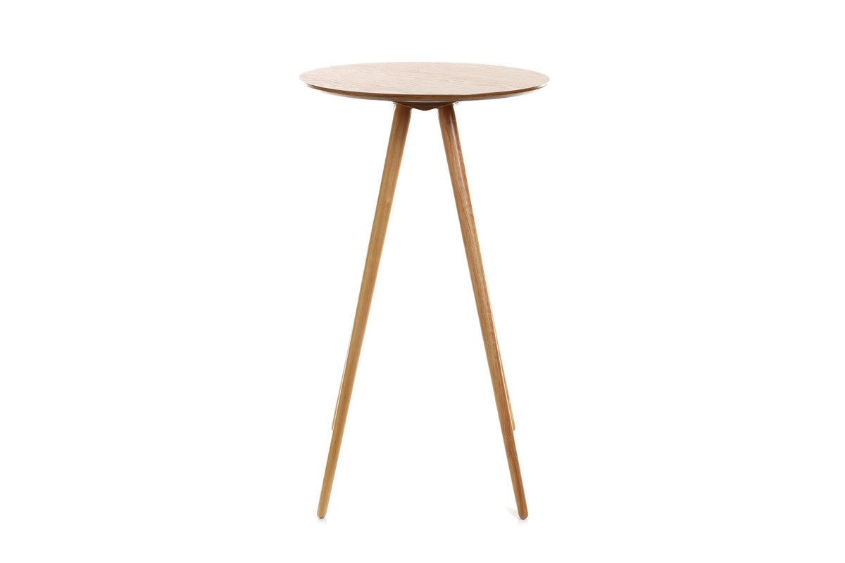 Table de bar ronde scandinave en bois, vue de profil, diam�tre 60 cm, hauteur 104 cm.