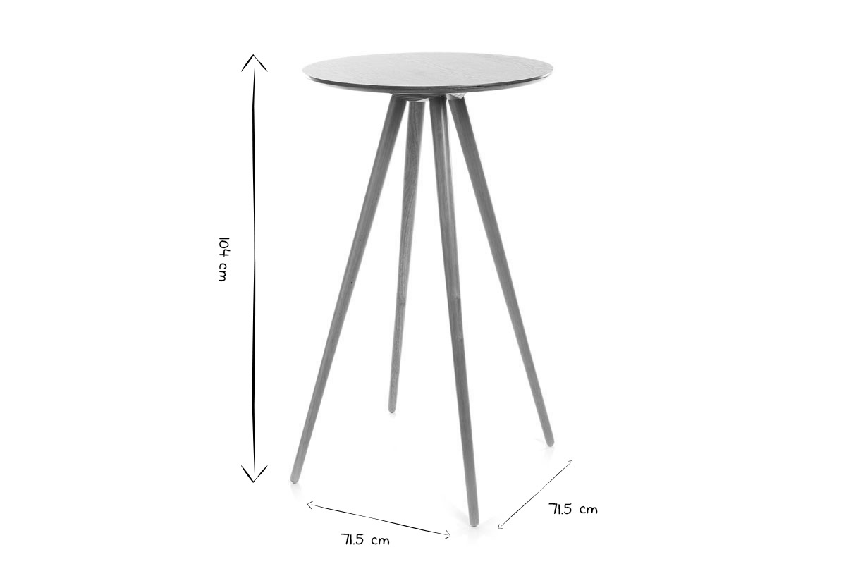 Dimensions de la table de bar ronde scandinave, hauteur 104 cm, diam�tre 71,5 cm, en noir et blanc.