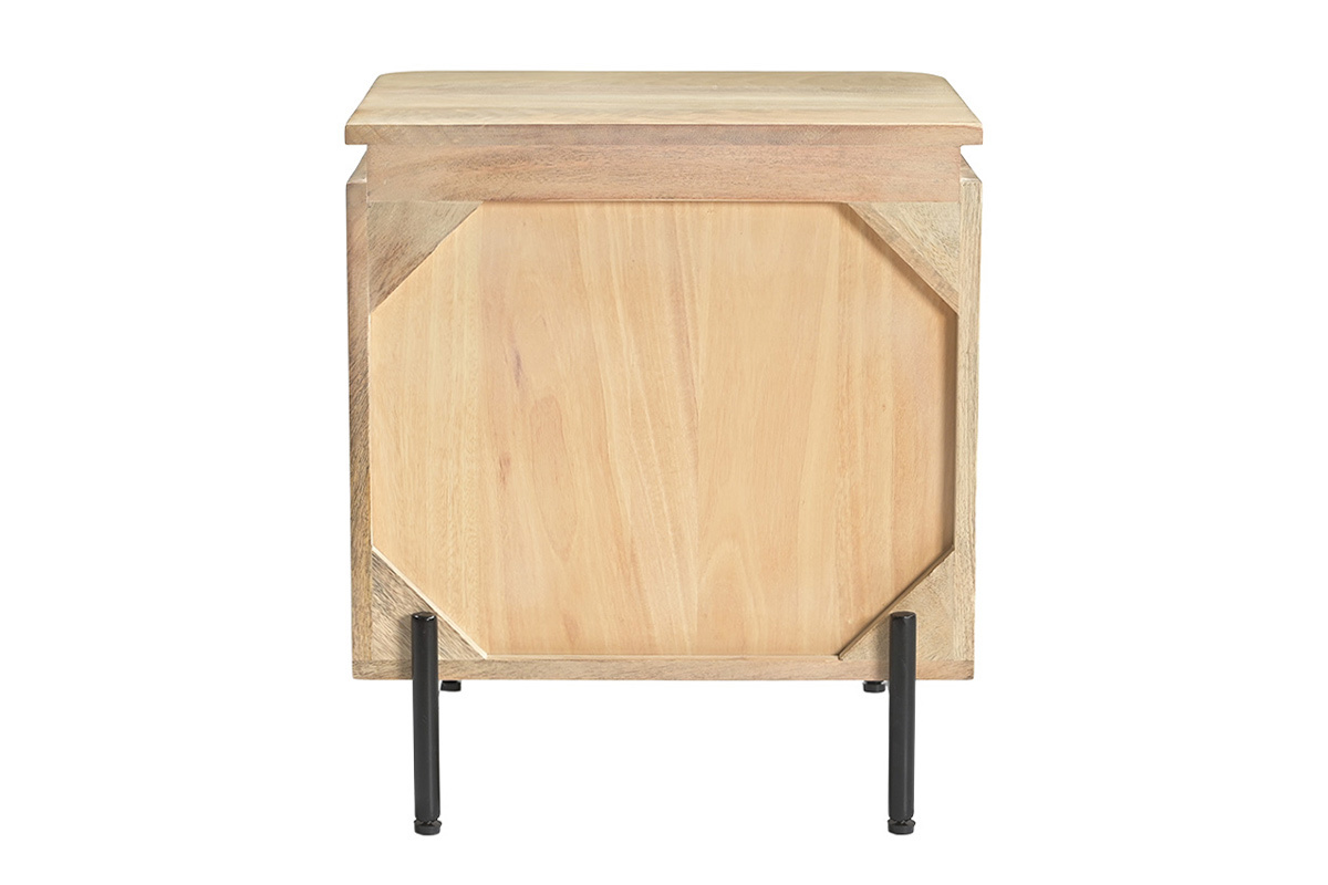 Table de chevet en bois manguier massif avec fa�ade cannel�e, vue de dos.