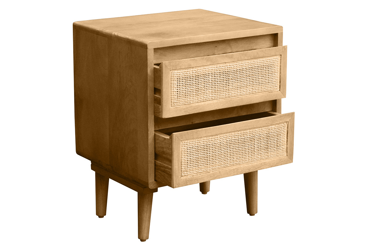 Table de chevet en bois manguier massif et cannage rotin avec rangements 2 tiroirs ACANGE