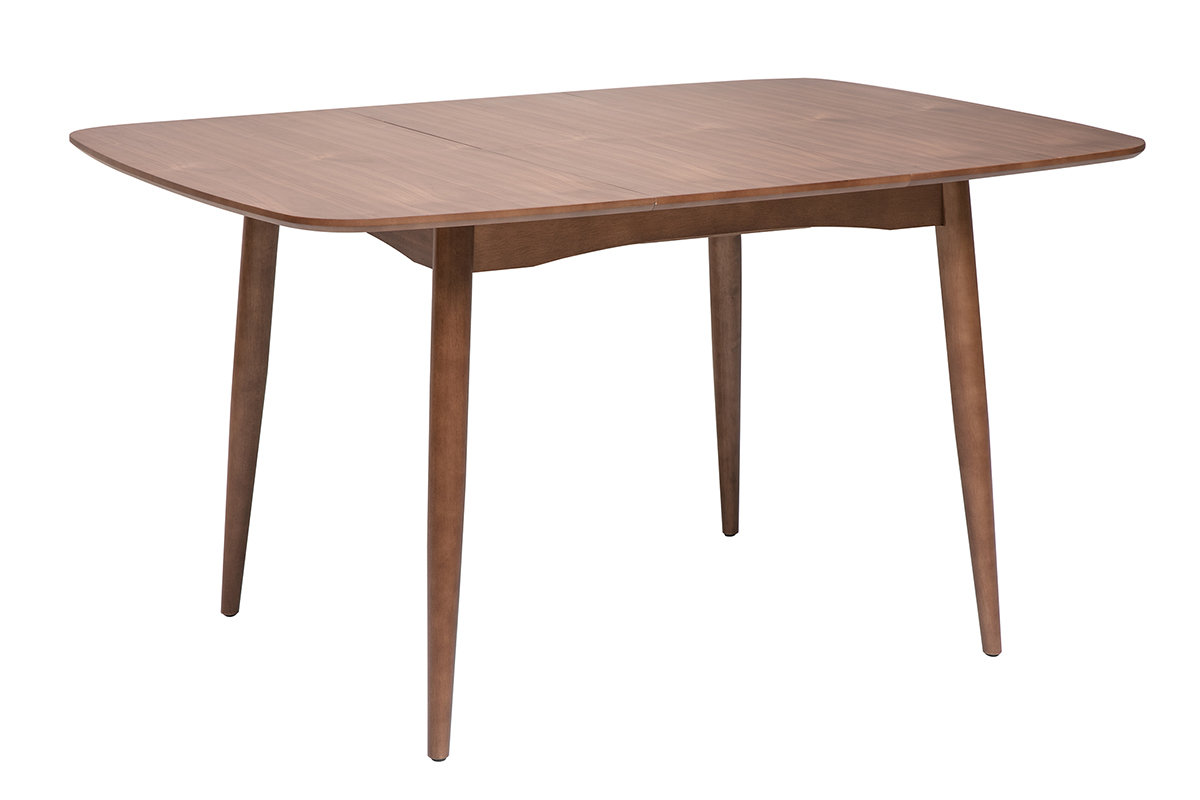 Table � manger carr�e extensible en bois de noyer fonc�, vue en perspective.