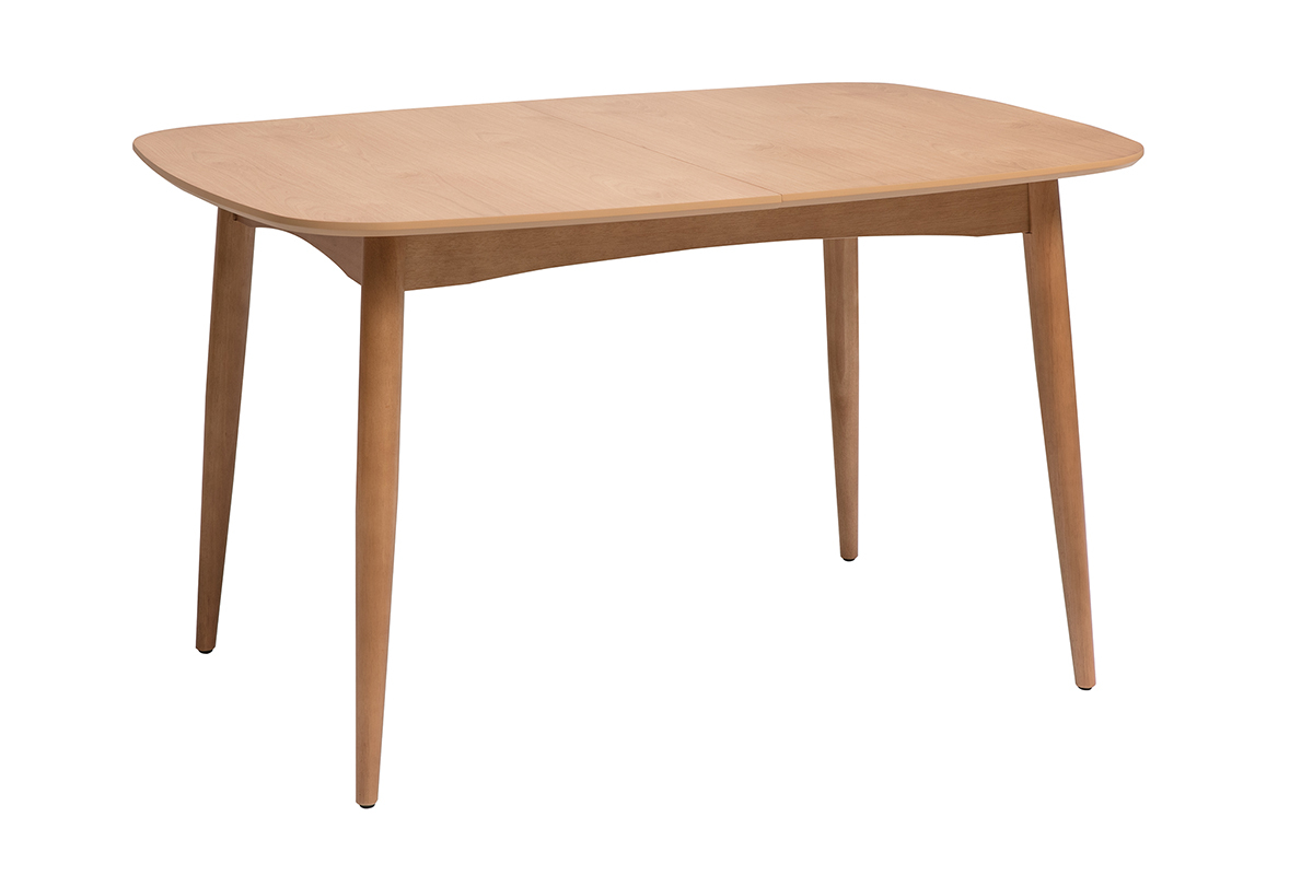 Table � manger extensible en bois clair ch�ne, vue d'angle, pieds �vas�s.