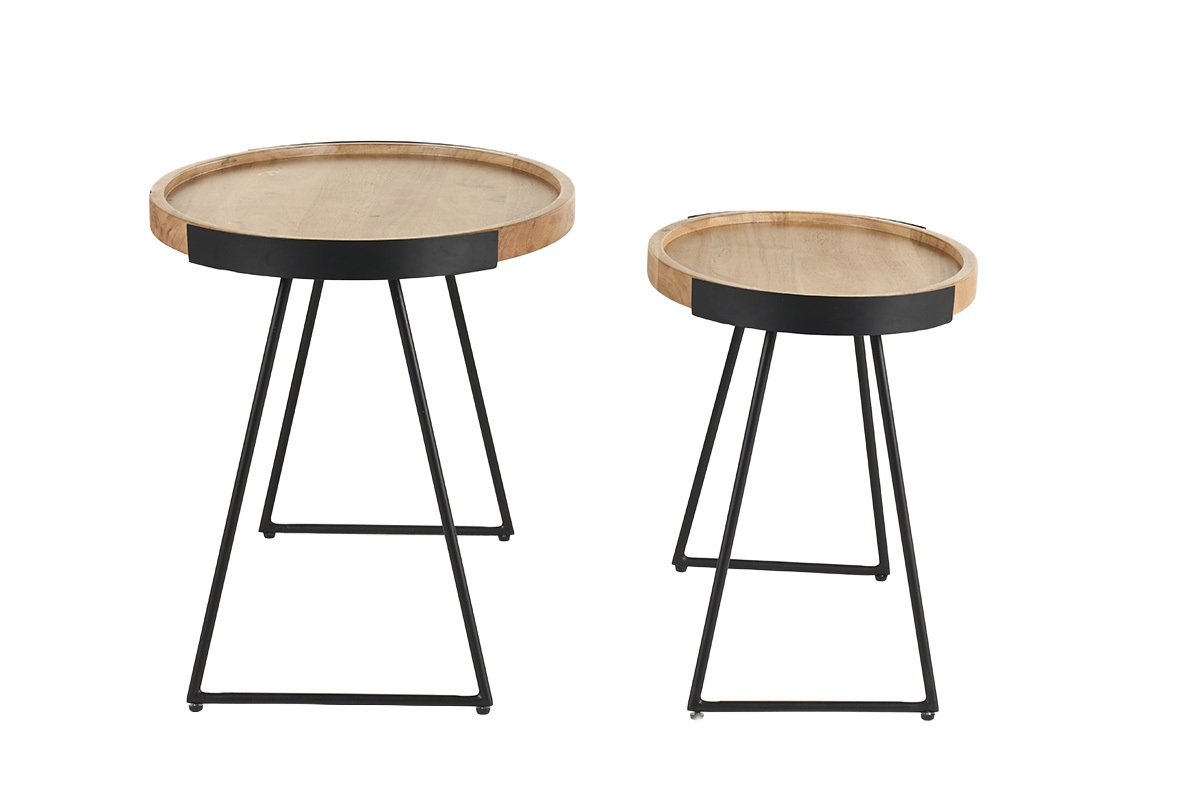 Deux tables basses gigognes en bois massif avec pi�tement en m�tal noir, vues de profil.