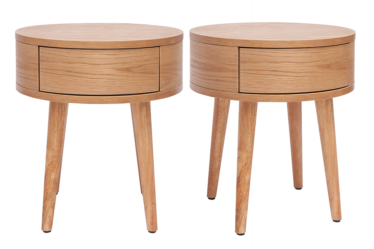 Tables de chevet rondes en bois clair avec tiroir (lot de 2) JUDITH