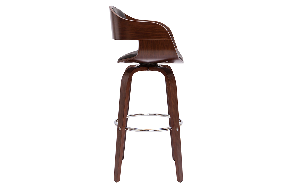 Tabouret de bar noir et noyer, vue de profil, structure en bois courb� et repose-pieds chrom�.
