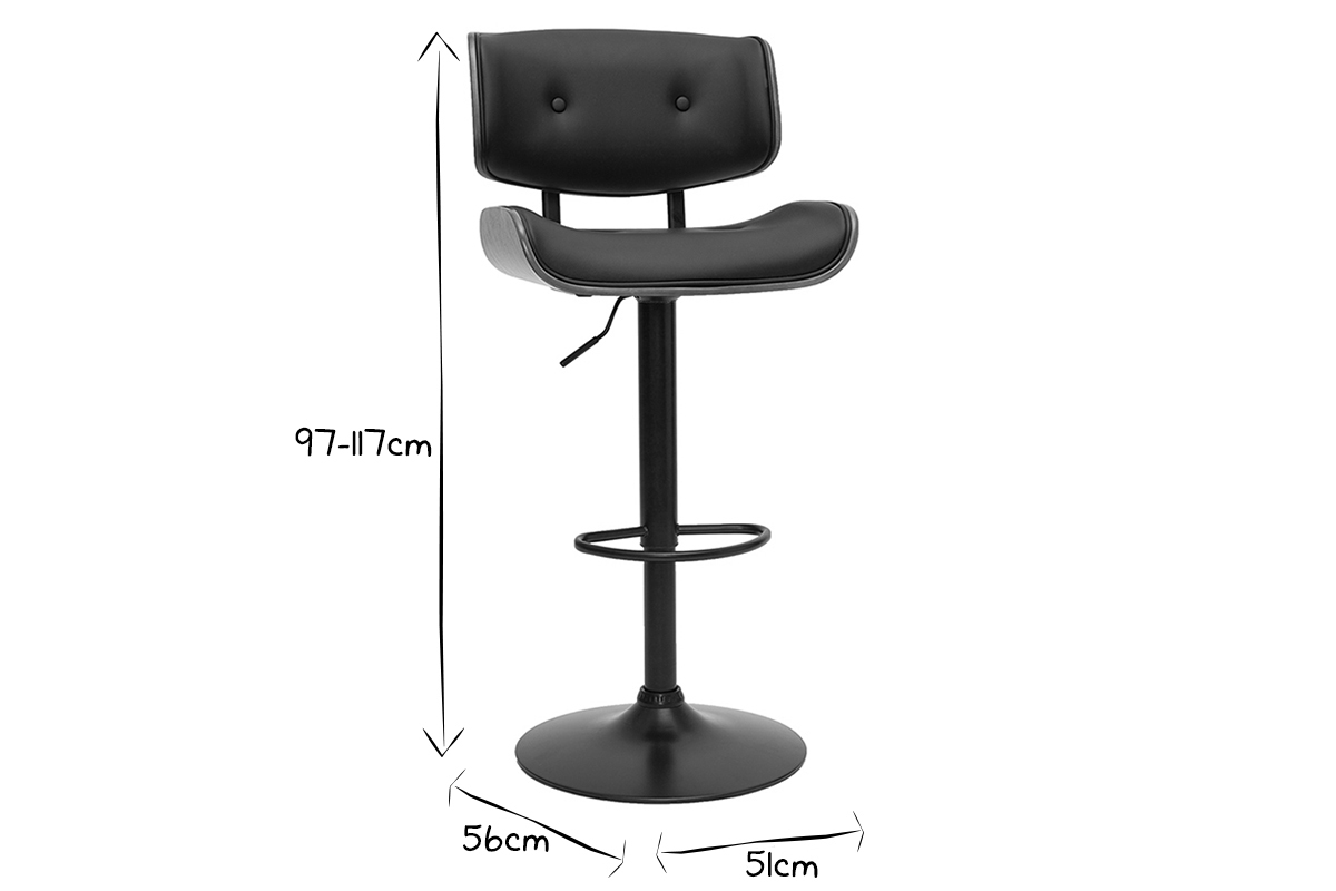 Tabouret de bar design r�glable pivotant 360� noir et bois fonc� BASILE
