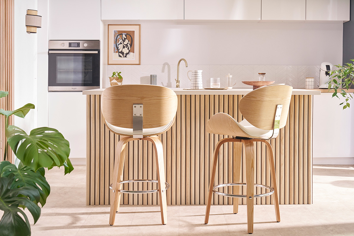 Tabouret de bar pivotant blanc et bois clair H68 cm pivotant 360� WALNUT